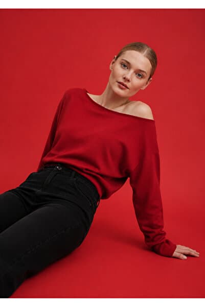 Gülce moda Kadın İnce Merserize Asimetrik Kesim Kayık Yaka Triko Kazak