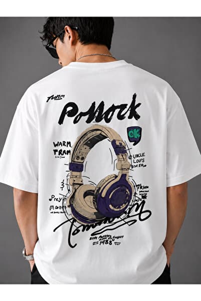 ZAVIXO Kulaklık Baskılı Oversize T-Shirt Unisex Bisiklet Yaka Kısa Kollu Müzik Temalı Grafik Baskılı Günlük Streetwear Tshirt