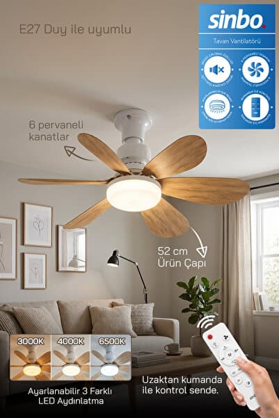 Sinbo SF-7708 3 LED Aydınlatmalı Sessiz Tavan Vantilatörü Kumandalı 6 Kanatlı - Ahşap Renk