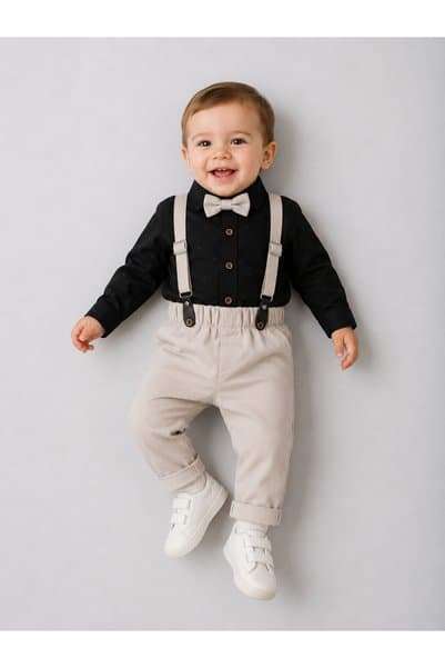 Momivi Kids Erkek Bebek %100 Pamuk Askılı Papyonlu Zıbın Gömlekli 4'lü Özel Gün Takımı
