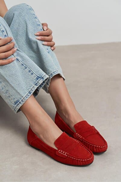 NİŞANTAŞI SHOES Misty Kırmızı Süet Hakiki Deri Kadın Loafer Ayakkabı