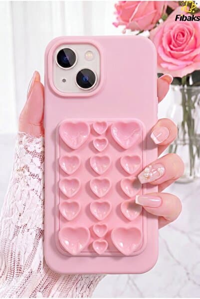 Fibaks iPhone 13/14/15 Kılıf Kendinden Vakumlu İçi Kadife Kalp Desenli Soft Silikon Telefon Kılıfı – Güçlü Tutuş & Estetik Tasarım Rose