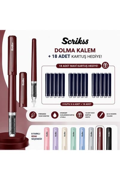 Scrikss Primeo Dolma Kalem Bordo + 18 Adet Mavi Kartuş Hediye
