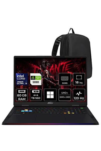 MSI Raider 18 MAX HX Ultra 9 290HX Plus RTX 5080 16GB 175W 80GB RAM 4TB + 4TB SSD 18″ UHD+ (3840×2400) MiniLED 120Hz Win11 Pro A2WI1040TRP468 Gaming Laptop + PER4 Çanta