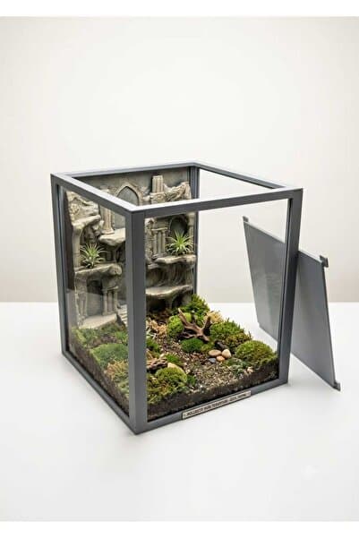 3BE 3 Boyut Endüstriyel 20x20x25 cm Sürüngen ve Kemirgenler İçin Arka Fonlu Teraryum, Terrarium, %100 EL BOYAMASI, 3D Baskı ve Pleksi Camlı