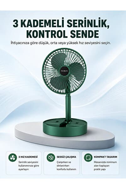 Eco Lounge Taşınabilir Katlanabilir Mini Fan 3 Kademeli Şarj Edilebilir