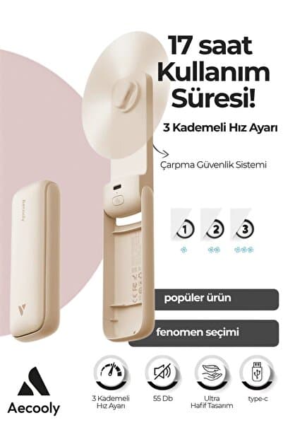 Aecooly Pf01 Katlanabilen Kompakt 3 Kademeli Mini Vantilatör Portatif Soğutucu El Fanı Bej