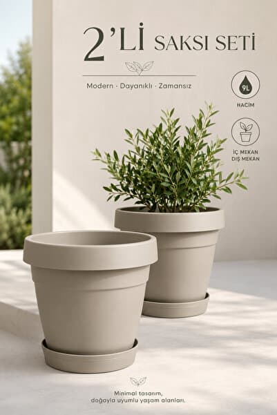 ToXA 2'li Mono Saksı Seti 9 Litre (29cm) Drenaj Delikli ve Tabaklı Set