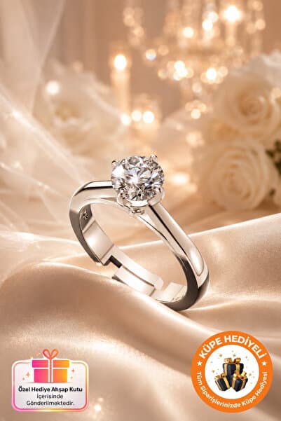 Lucente Jewellery Özel Tasarım Tektaş Ayarlanabilir 925 Ayar Gümüş Nişan Evlenme Teklifi Işıltılı Pırlanta Yüzük