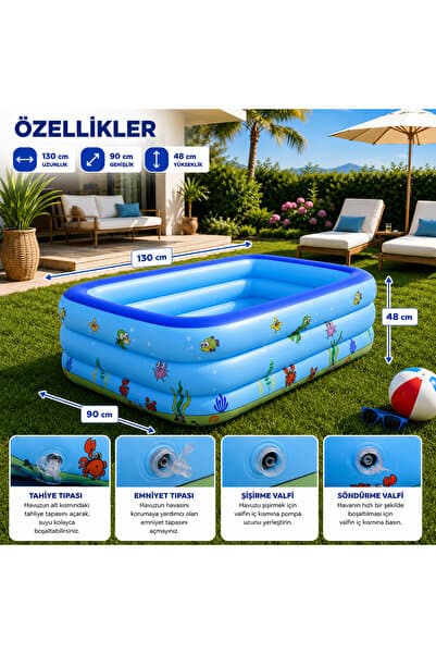 Genel Markalar Şişme Havuz 3 Tabanlı Dikdörtgen Havuz Çocuk Şişme Havuzu 130x90x45cm Pompalı