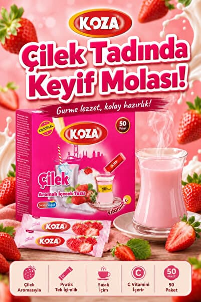 Koza Gurmelerin Seçimi Pratik Lezzet Çilek Aromalı Tek İçimlik Çilek Çayı Premium İçecek Tozu 50 Stick