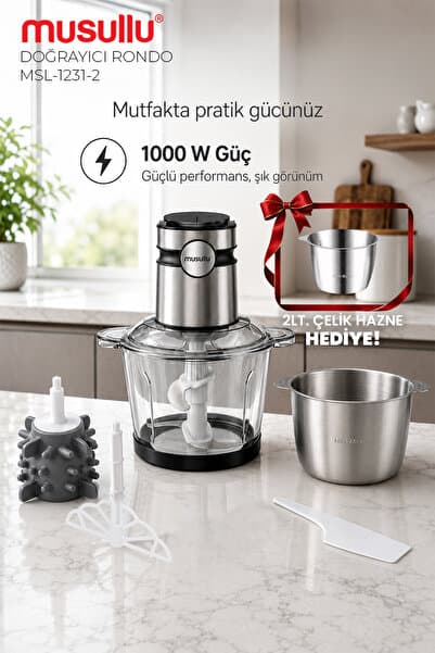 Musullu MSL-1231-2 Meat Max 2+2 Litre Geniş Hazneli Doğrayıcı Rondo - Çırpma & Sarımsak Soyma Aparatlı 1000w