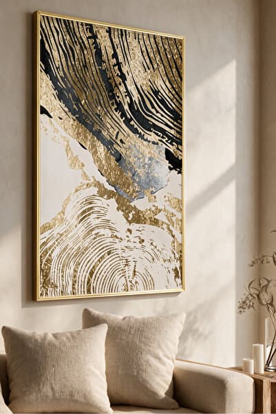 KOLAJTASARIM Siyah, Beyaz ve Gold Desenli Tekli Metal Çerçeveli Tablo /S