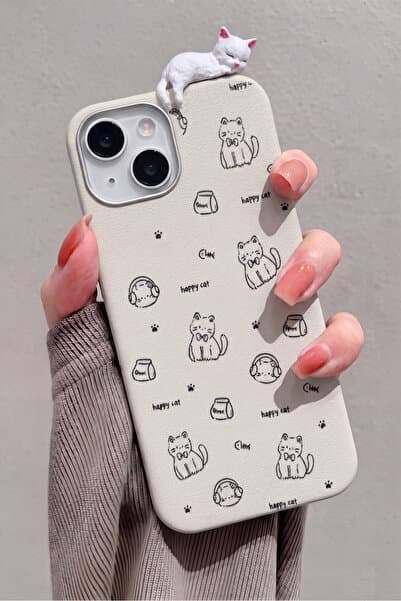 KVK PRİVACY iPhone 13 / 14 / 15 3D Uyuyan Kedi Figürlü Happy Cat Desenli Silikon Telefon Kılıfı