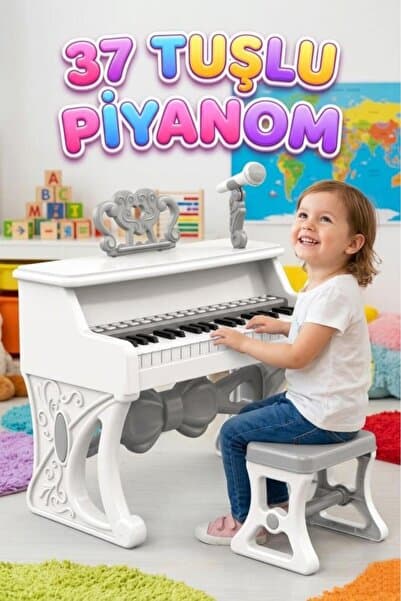 Tıfıl Toys 37 Tuşlu Sesli Müzikli Şarjlı 8 Ritimli Nota ve Mikrofon Standlı Taburelı Oyuncak Elektronik Piyano
