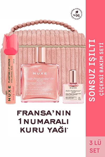 Nuxe Sonsuz Işıltı Çiçeksi Bakım Seti (Altın Parıltılı Çiçeksi Kuru Yağ + Dudak Serumu + Mini Kuru Yağ)