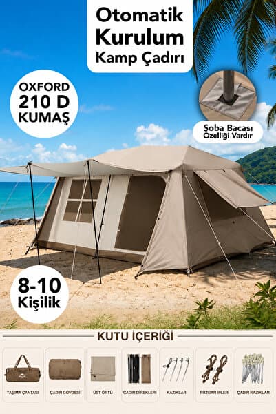 Fischer 10 Kişilik Otomatik Kurulum Çadır - Oxford 210 D Kumaş Soba Baca Özellikli Kamp Outdoor Çadır