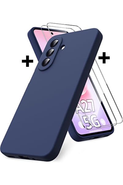 m.tk moveteck Samsung Galaxy A27 Uyumlu Kılıf Kamera Korumalı Yumuşak Renkli Silikon + 9H Ekran Koruyucu Cam 2in1 Set