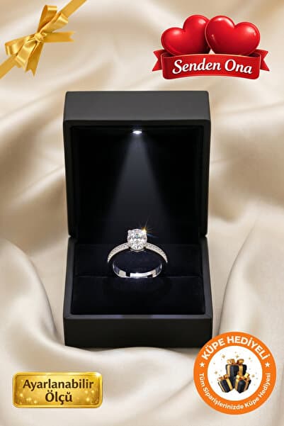 Lucente Jewellery Işıklı Hediye Kutulu Tek Taş 925 Ayar Gümüş Ayarlanabilir Oval Kesim Pırlanta Zarif Yüzük