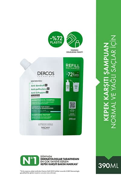 Vichy Dercos Kepek Karşıtı Normal/Yağlı Saçlar İçin Şampuan Refill Yeniden Doldurulabilir Paket 390 ml