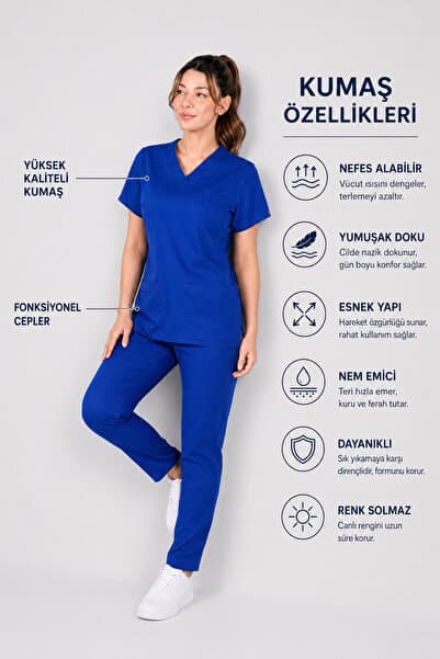 STİLMED Üniforma Saks Mavi Hemşire ve Doktor Forması Scrubs Takımı Likralı Alt Üst Üniforma Unisex Yarasa Kol