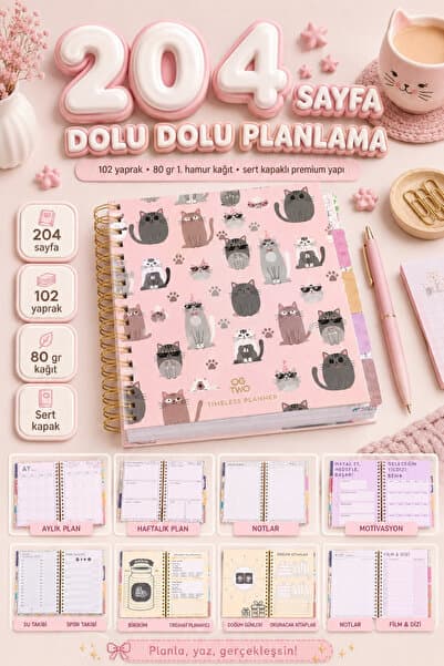 OGTWO 12 Aylık Süresiz Planlayıcı Ajanda 17x24 cm | Tarihsiz Aylık ve Haftalık Planlama | Alışkanlık ve Hedef Takipli Okul Motivasyon Sayfalı | 4 Sayfa Sticker Hediyeli | Undated Planner Ajanda - 204 Sayfa