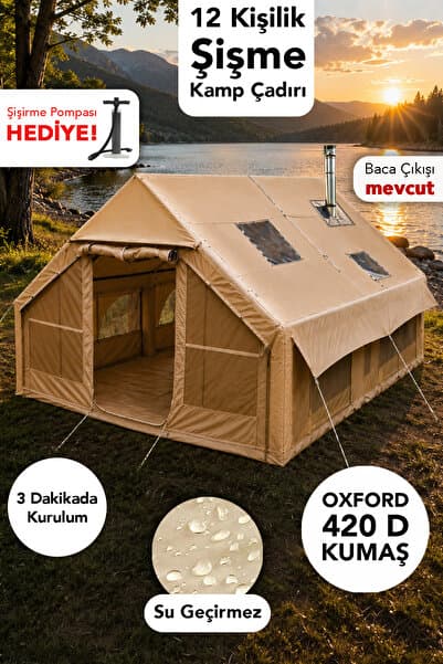Fischer 12 Kişilik Şişme Çadır - Kolay Kurulum Kamp Plaj Su Geçirmez Outdoor Çadır Şişirme Pompası Hediye