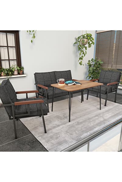 Mygusi Modern Balkon, Bahçe, Cafe - Metal Kanepe Koltuk Takımı - 2+1+1 60x90 cm Masalı - Antrasit