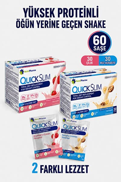 NUTRIPHARMA Quick Slim Yüksek Proteinli Öğün Tozu ,60 Öğün Shake (ÇİLEKLİ,MUZLU 2 KUTU)