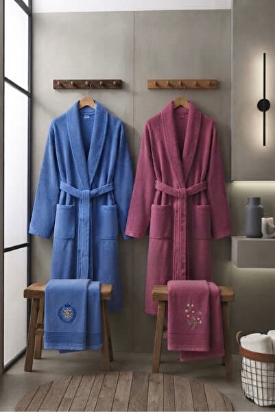VENTİ VENTİSCA Homely Premium %100 Pamuklu Nakışlı Bornoz seti 4'lü Hamam ve Banyo Seti & Çeyiz Seti