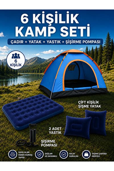 Realx 6 Kişilik Kamp Çadırı Çift Kişilik Yatak ve Yastık Kamp Seti 220x250x150 Cm