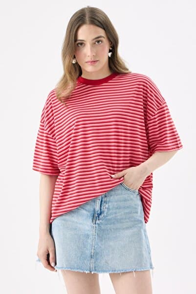 CrepTekstil Crep Kadın Kırmızı Çizgili Kısa Kollu T-Shirt Oversize Fit Yumuşak Örme Kumaş