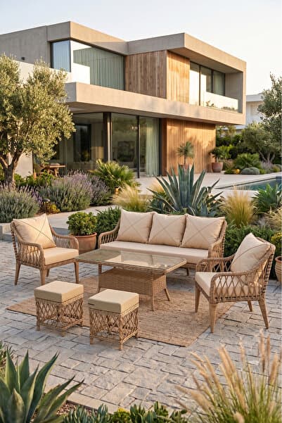Canisa Tulipa Serisi 1.Sınıf 3+1+1 +2 Puf Cappucino Rattan, Cappucino Minder Bahçe Balkon Oturma Koltuk Takımı