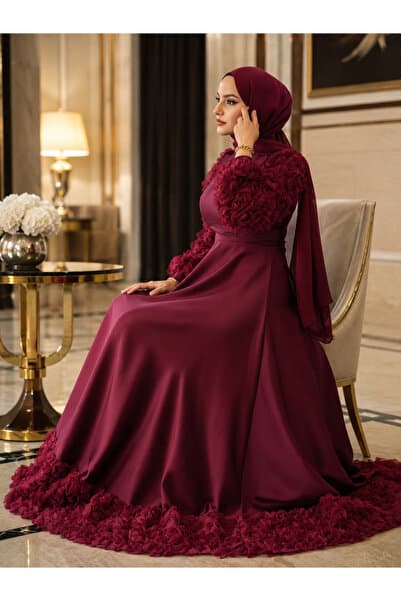 BVOİCE SELECTİONS Saten Gül Detaylı Abiye-Bordo
