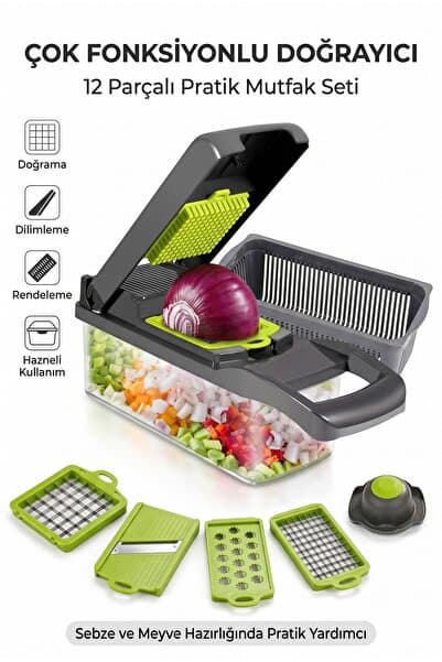 4 Berry FB-105 Çok Fonksiyonlu Doğrayıcı – 12 Parçalı Sebze Doğrayıcı, Rende, Dilimleyici ve Süzgeç Seti