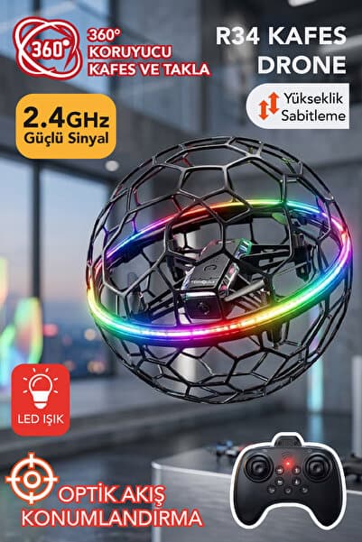Teknoloji Gelsin R34 360° Korumalı Futbol Top Drone Hd Kameralı LED Işıklı Yükseklik Sabitlemeli Uzaktan Kumandalı Akıllı Drone