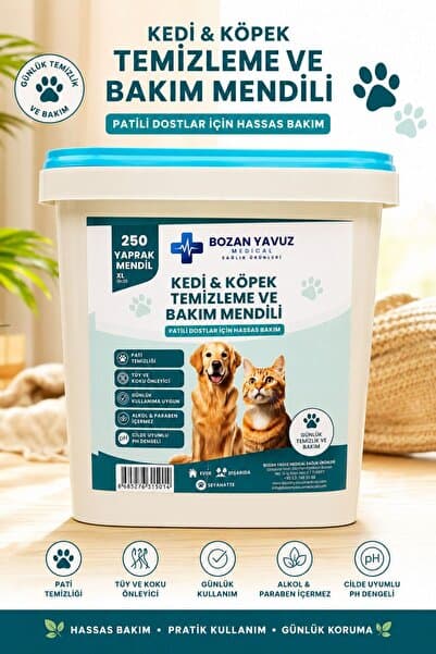 Bozan Yavuz Medical Sağlık Ürünleri Evcil Hayvan Pati Tüy Kulak Göz Temizleme ve Bakım Kedi Köpek Mendili Hijyenik 250li Islak Mendil