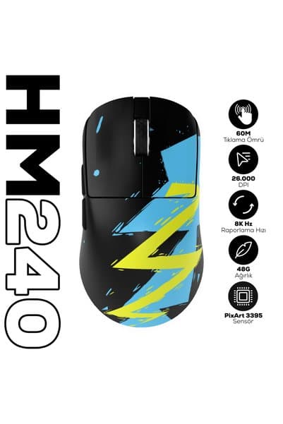 Hawk Gaming Chair HM240 8K Hz 26000 DPI PixArt 3395 Tri-Mode Kablosuz/Bluetooth Siyah Gaming Mouse