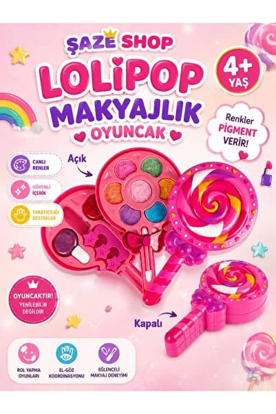 SAZE Şaze Shop Lolipop Makyaj Seti Oyuncak 4+ Yaş Pigmentli Çocuk Makyaj Paleti Rol Oyun Seti