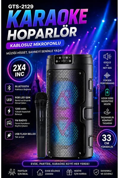 nextbuy GTS-2129 Bluetooth Hoparlör Kablosuz Mikrofonlu Karaoke Speaker Ses Bombası RGB Işıklı Radyo