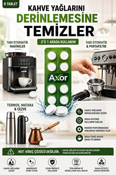 AXOR Tam Ve Yarı Otomatik Kahve Makinesi Temizleme Tableti 8'li İtalya