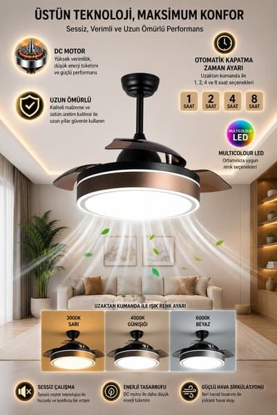 FANCİUM DKF-402 Kahverengi LED Aydınlatmalı Uzaktan Kumandalı Gizli Kanatlı Tavan Vantilatörü