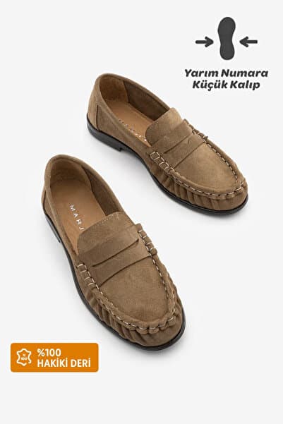 Marjin Kadın Hakiki Deri Oval Burun Makosen Dikişli Büzgülü Loafer Günlük Ayakkabı Lefora Toprak Süet