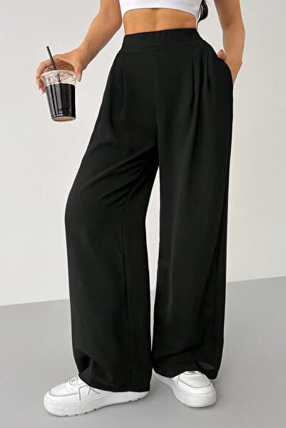 GENIUS STORE Kadın Pantolon Scuba Krep Kumaş Beli Lastikli Cepli Pileli Geniş Paça Palazzo Pantolon