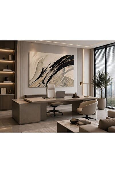 Genel Markalar Modern Soyut Siyah Altın Kanvas Tablo – Bej Mermer Dokulu Lüks Duvar Dekoru – Gold Çizgili Minimalist Salon, Ofis, Yatak Odası ve Antre Tablosu – Premium Çağdaş Sanat Eseri