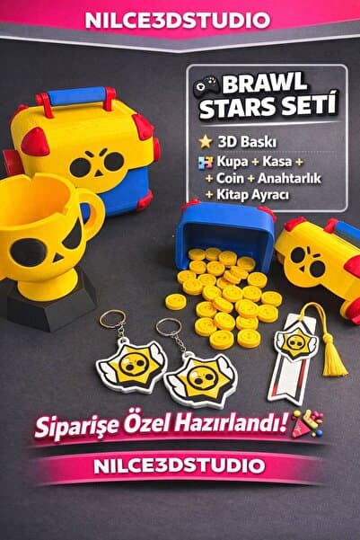 Nilce3D Brawl Stars Özel Tasarım Seti - Hediye Kutusu, Kupa, Brawl Stars parası ve Anahtarlık (Sürpriz Hediyeli)