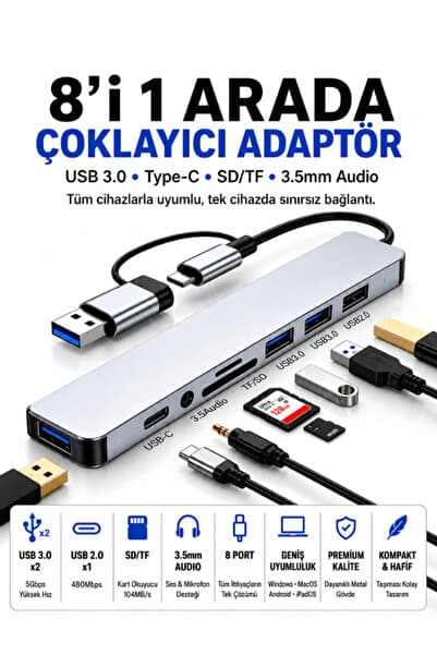Golden Tech 8 in 2 Port Hub Usb 2.0/3.0 Çoğaltıcı Çoklayıcı Type c Audio 3.5 Tf Sd