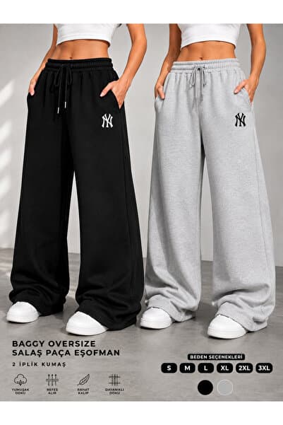 yx yustex sport 2'li Kadın NY Baskılı Eşofman Altı (Siyah-Gri) Oversize Kalıp Bol Paça
