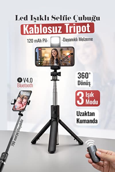EN SİGA Led Işıklı Selfie Çubuğu Bluetooth Kumandalı Kablosuz Tripot Selfie Monopod Selfie Stick