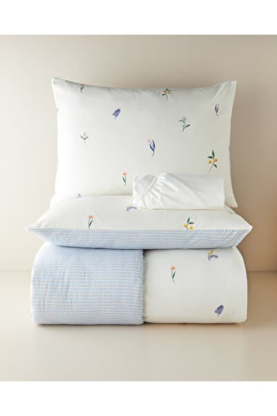 English Home Flowery Kolay Ütülenir Çarşaflı Çift Kişilik Nevresim Takımı 200x220 cm Mavi - Yeşil
